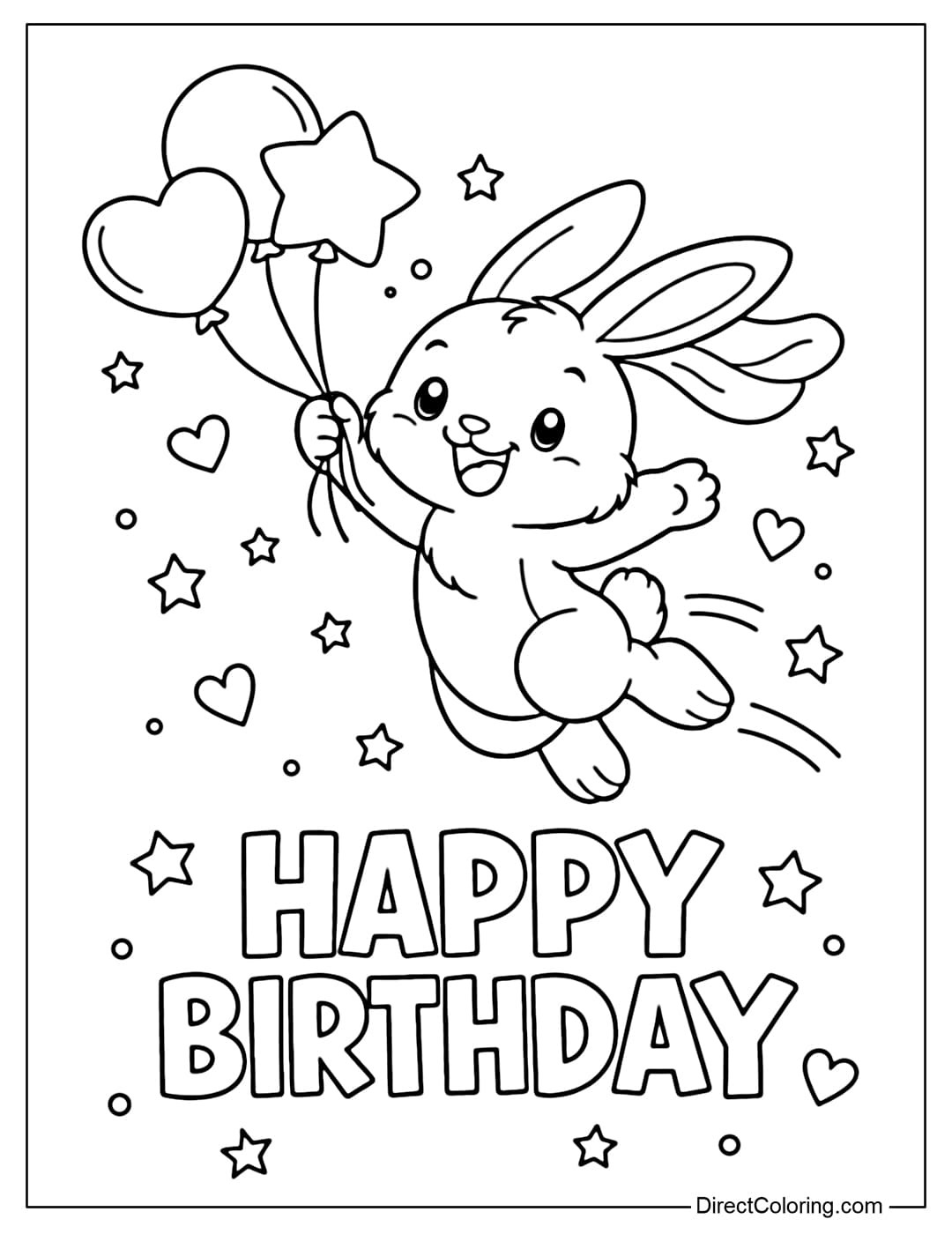 Coloring page with a bunny jumping high, holding a string of birthday balloons in one hand, with the words 