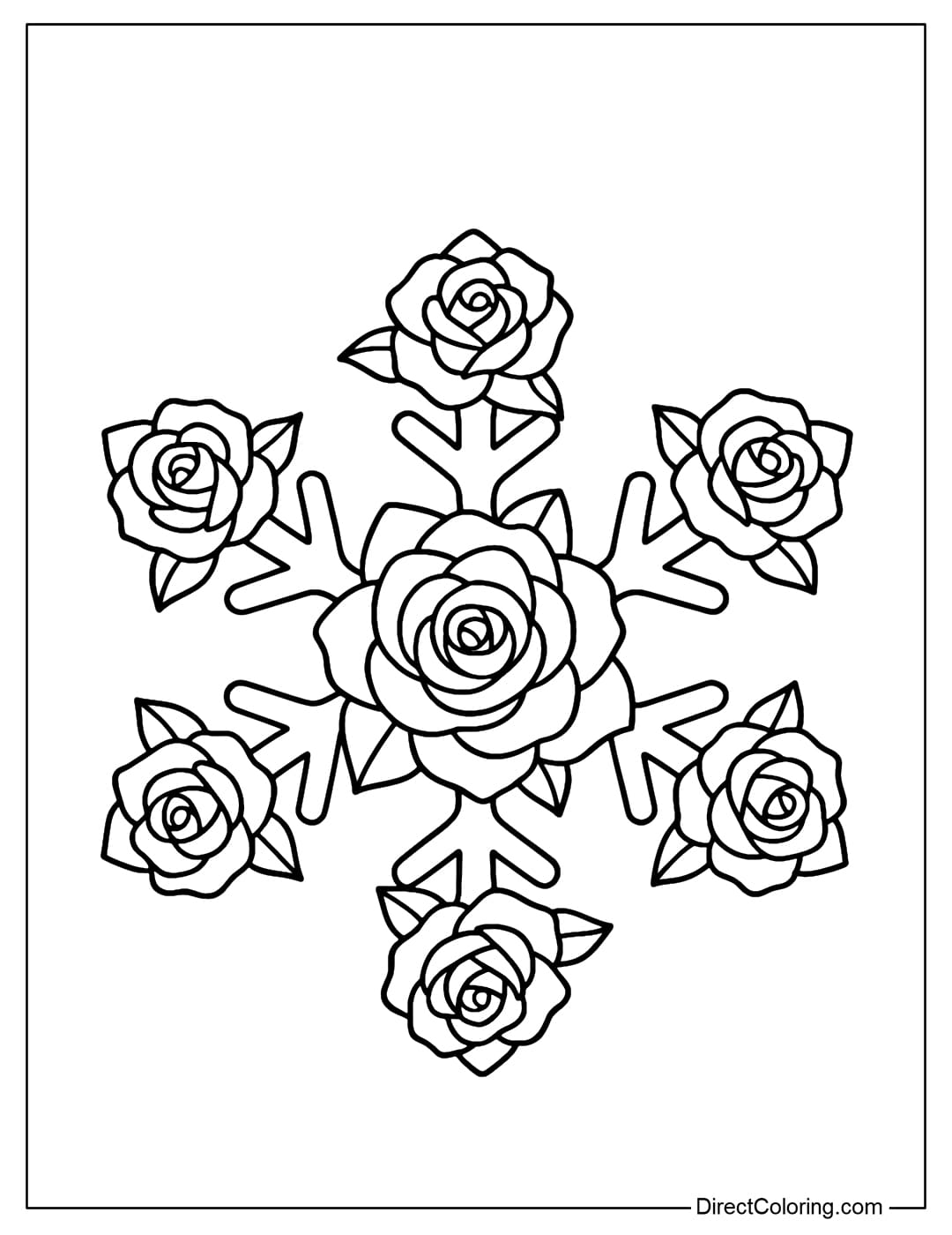A coloring page of a large snowflake with a blooming rose on each branch.