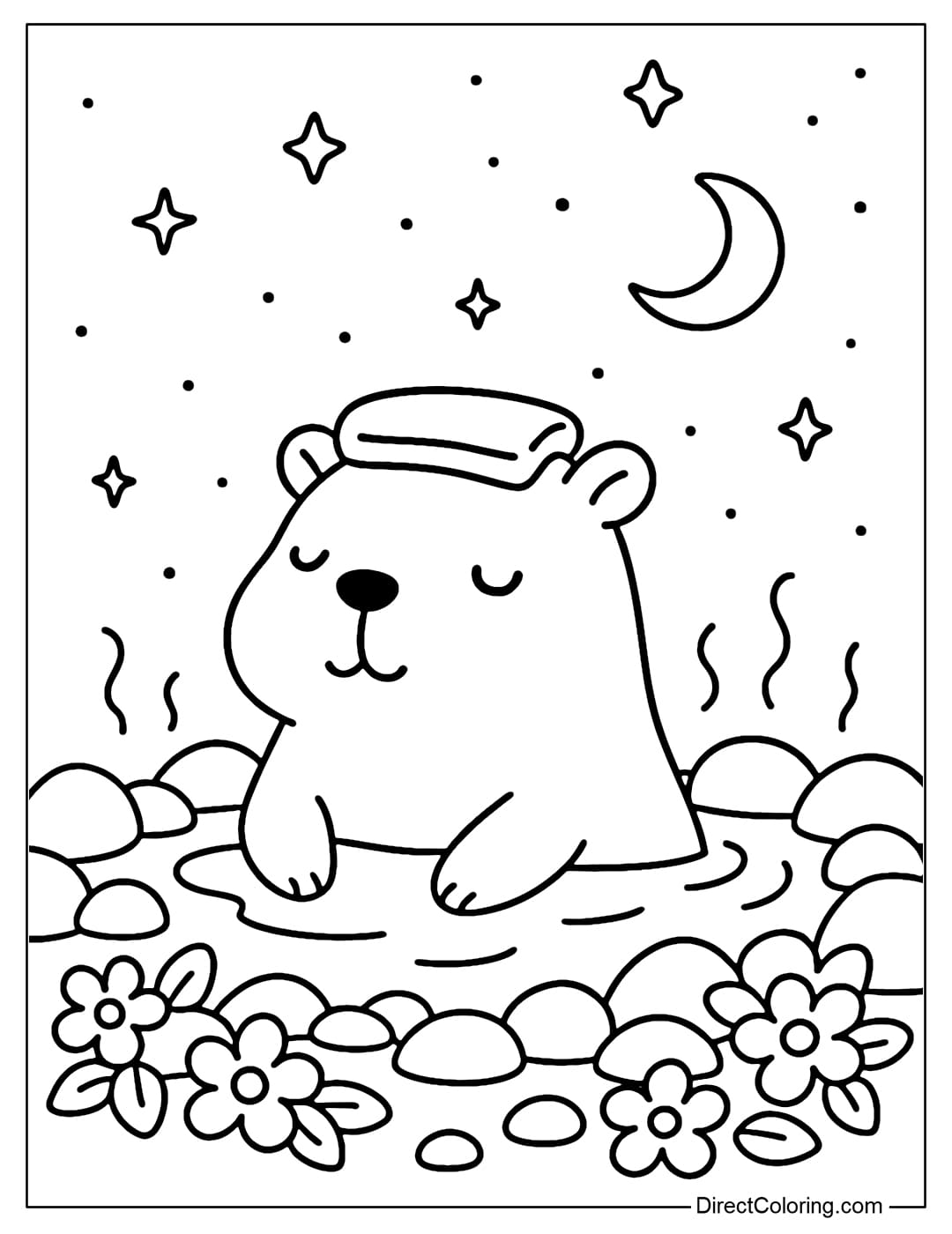 Coloring page of a cute capybara sitting relaxing in an outdoor hot spring, with a small towel on his head.