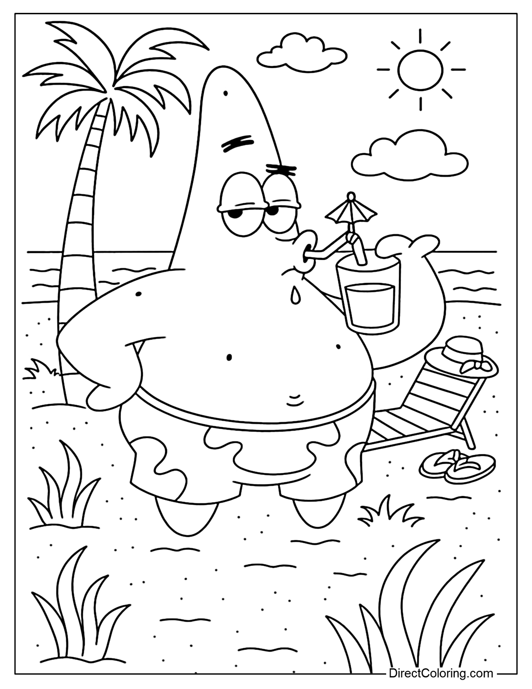 Coloring Page of Patrick Star relaxes on a sunny beach, sipping a tropical drink beside a lounge chair, summer hat, and flip-flops under a palm tree.