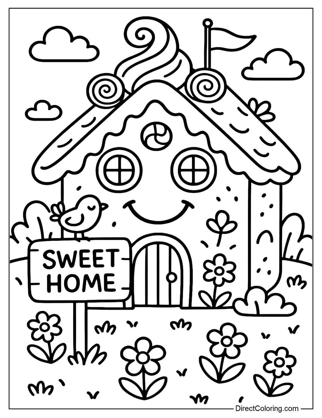 Gingerbread house coloring page with a cute smiley face. In front of the house is a little bird sitting on a Sweet Home sign.