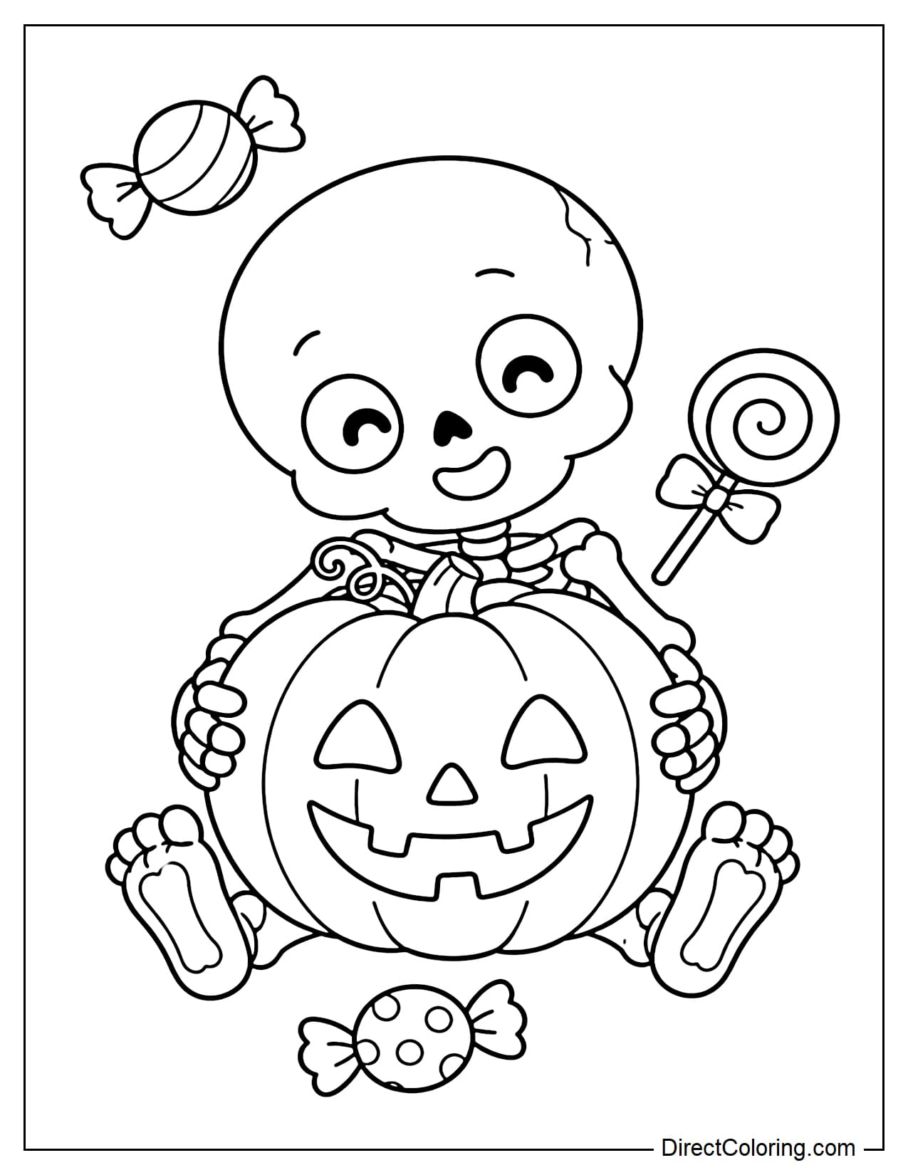 A cute little skeleton sitting and hugging a large jack-o'-lantern in front of its chest, with its head tilted slightly to one side and a few Halloween candies in the background.