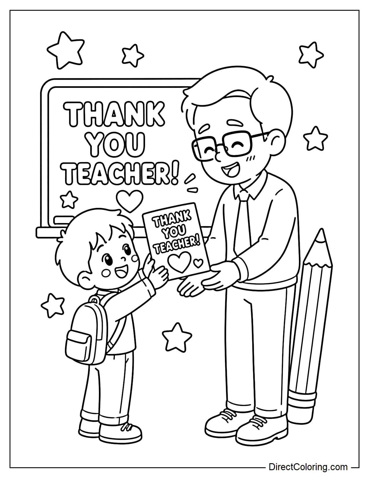 A student is holding up a thank-you card to give to a male teacher. He receives it with both hands and looks touched and happy. Behind them are a small classroom board, a few stars, and a large pencil.