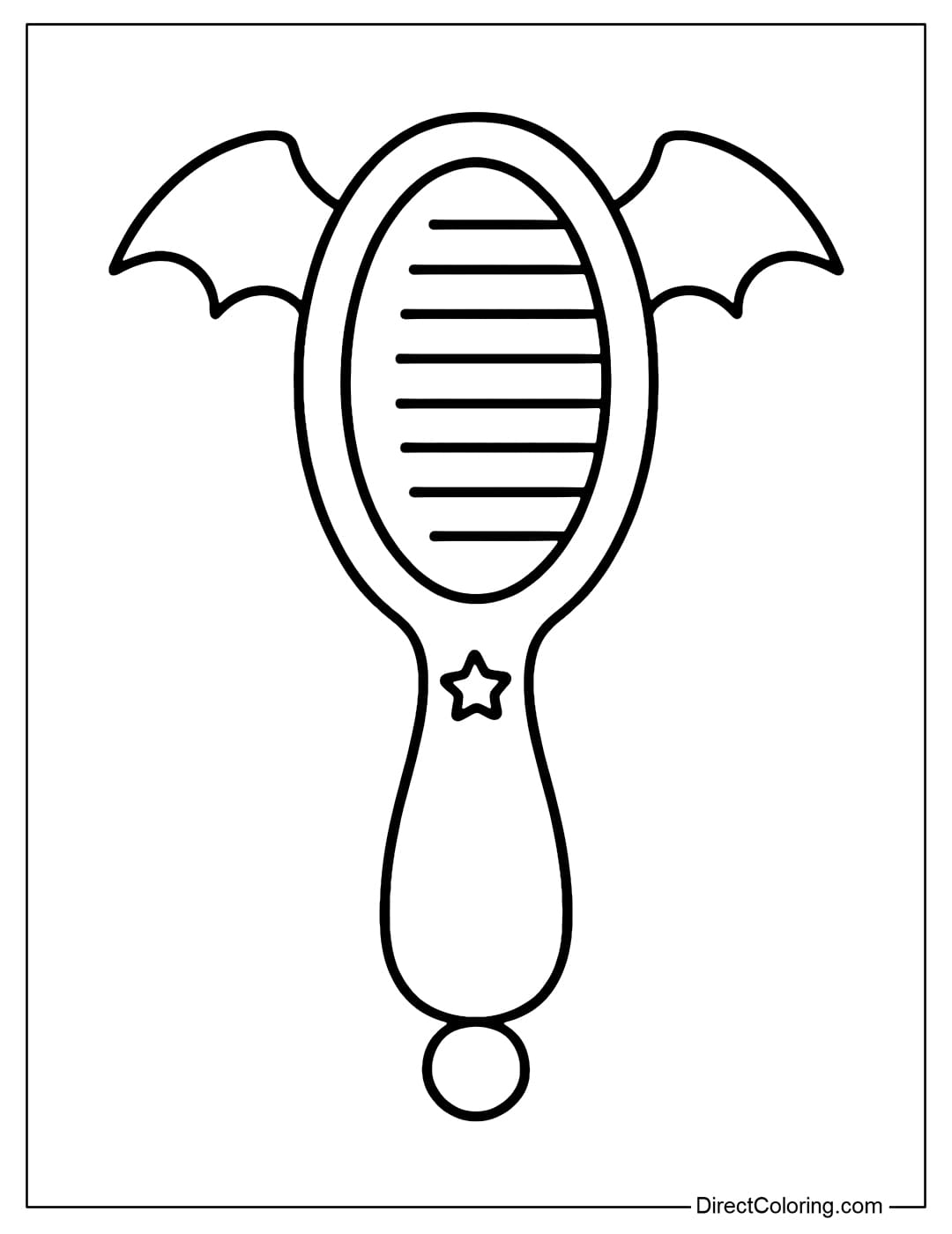 Coloring page for a bat-shaped hairbrush with a round handle and a star motif engraved on the head.