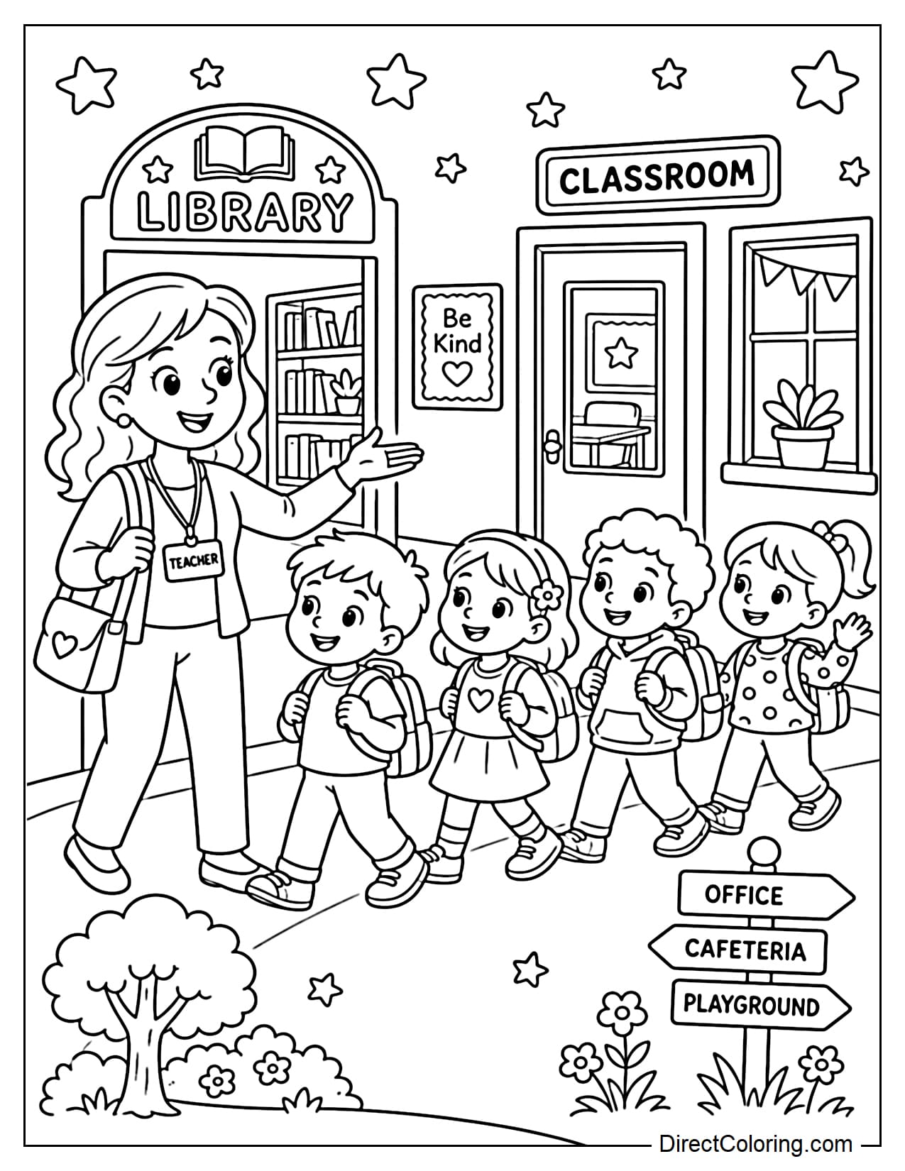 The teacher leads a group of young students on a first-day school tour, passing by the library and classrooms, surrounded by signposts, small trees, and a few stars.