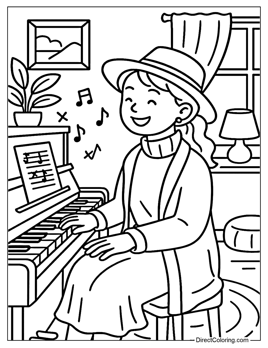 Coloring page of a grown-up girl playing the piano - there are a few small mistakes around (wrong notes in the music). But the character is still smiling.