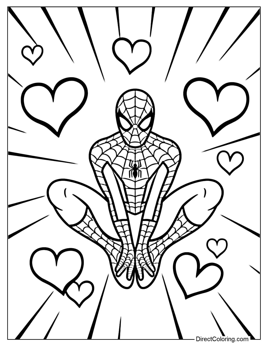 Spiderman in a simple pose, surrounded by hearts and rays of light, strong yet sweet.