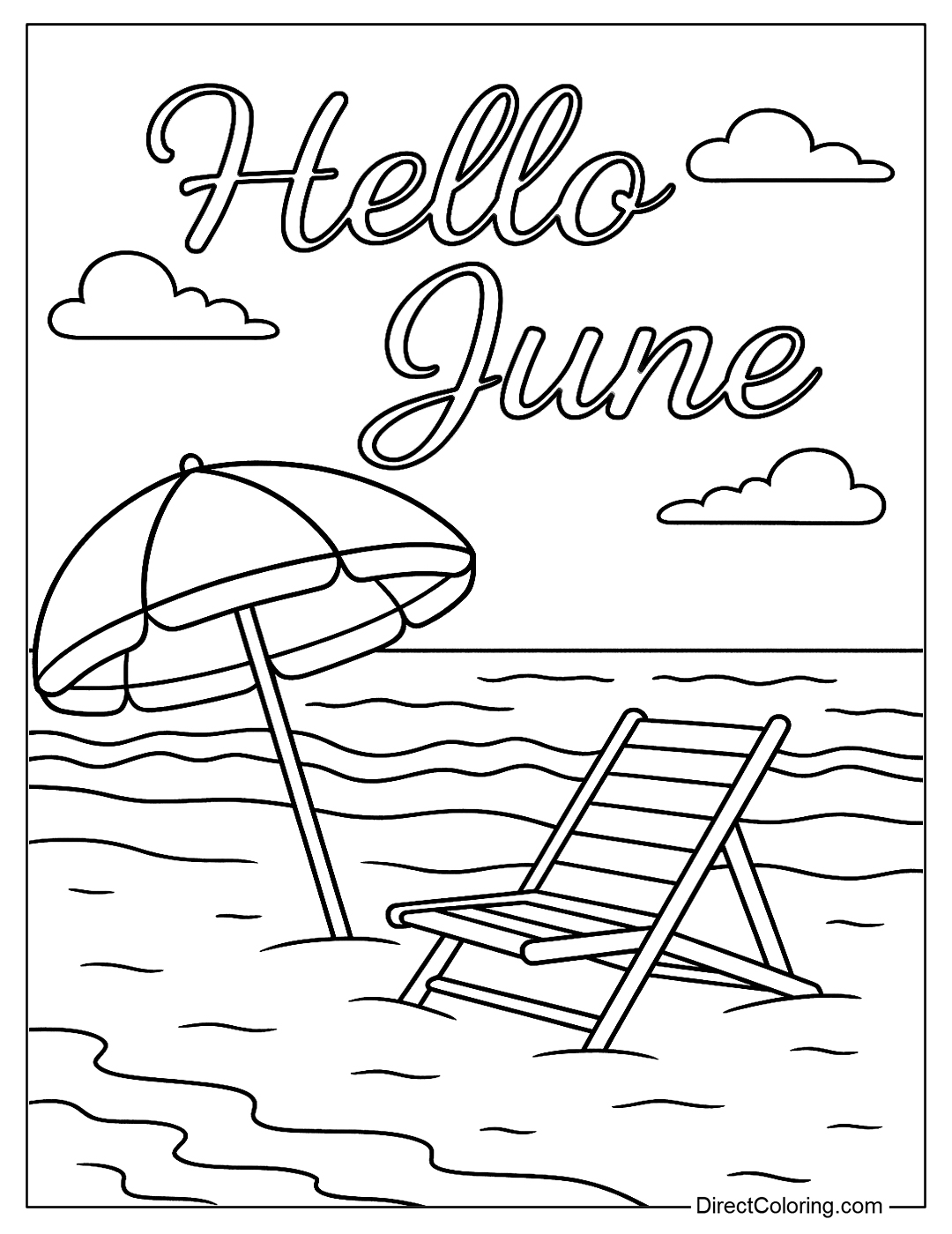 a June beach coloring page with sun umbrellas, lounge chairs, and gentle waves