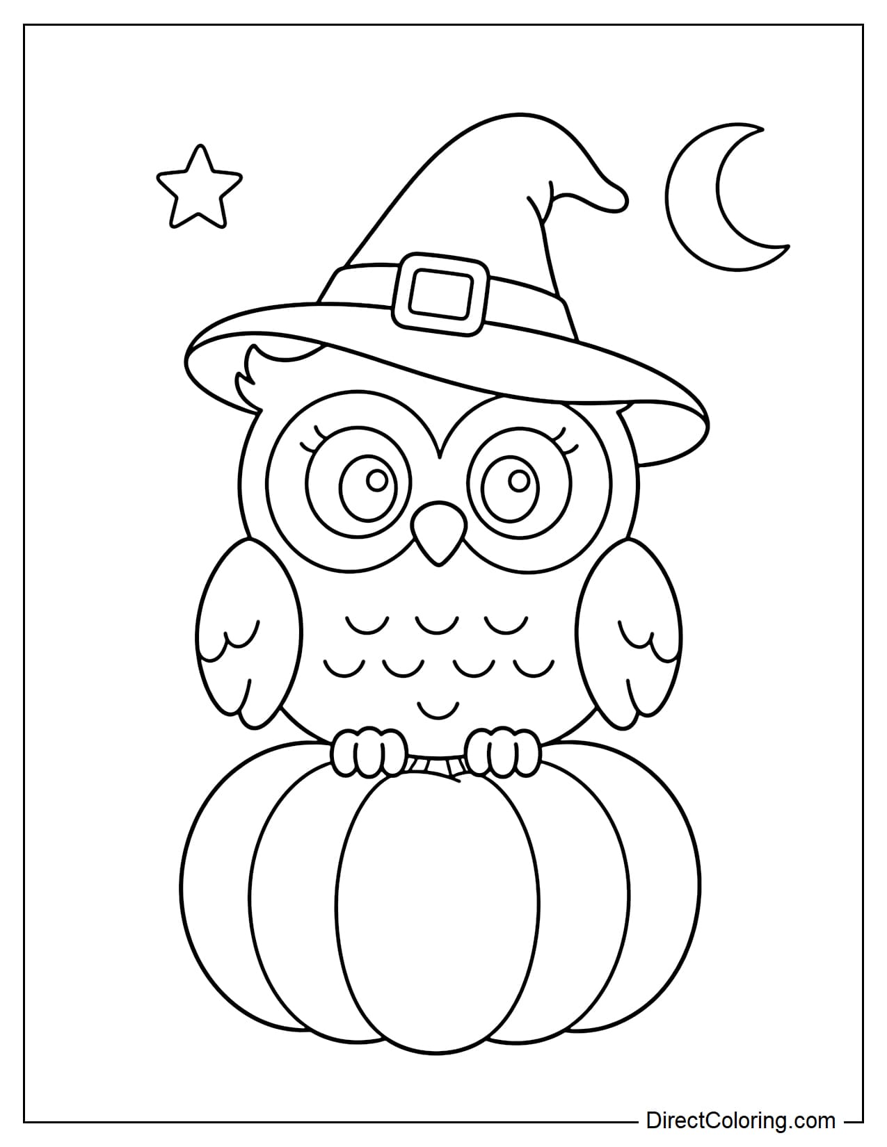 A cute round owl perched on a large pumpkin, wearing a witch hat, with a small star and crescent moon above.
