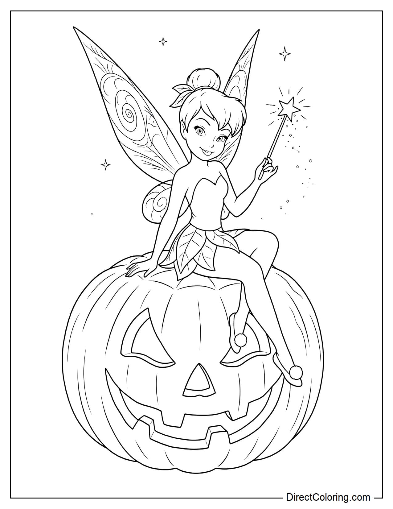 Tinker Bell sits on top of a large Jack-o'-lantern while holding her magic wand.
