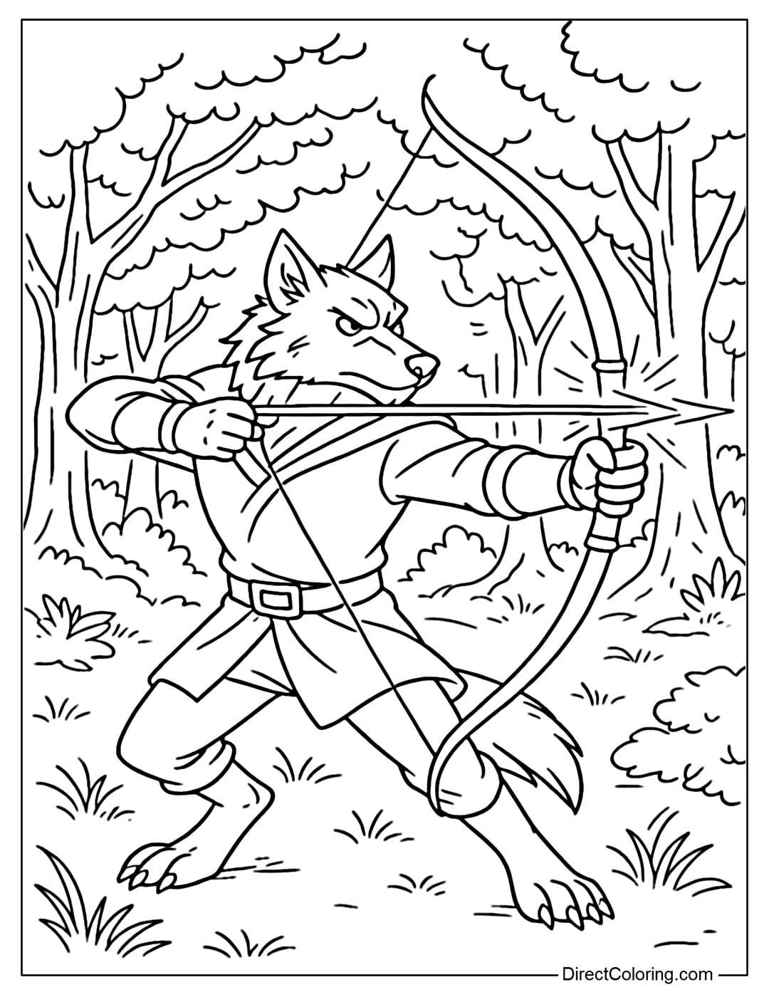 A werewolf coloring page shooting an archer, the arrow of light darting in the mythical forest, his face full of concentration.
