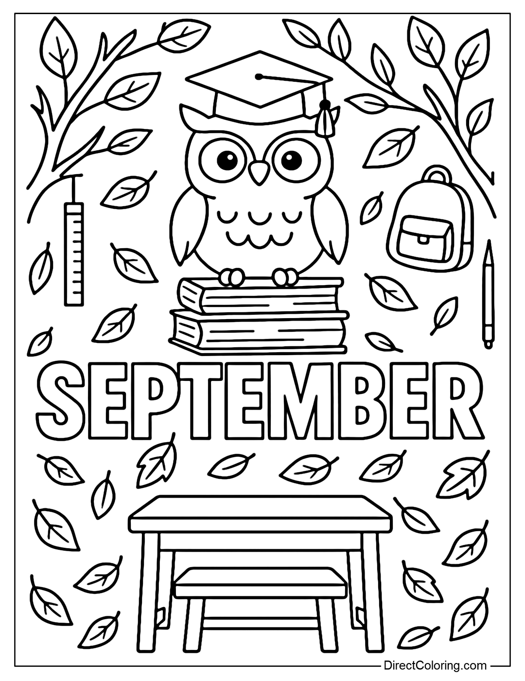 Coloring page of the word September with an owl wearing a graduation cap sitting on a pile of books in the middle of a forest of autumn leaves.