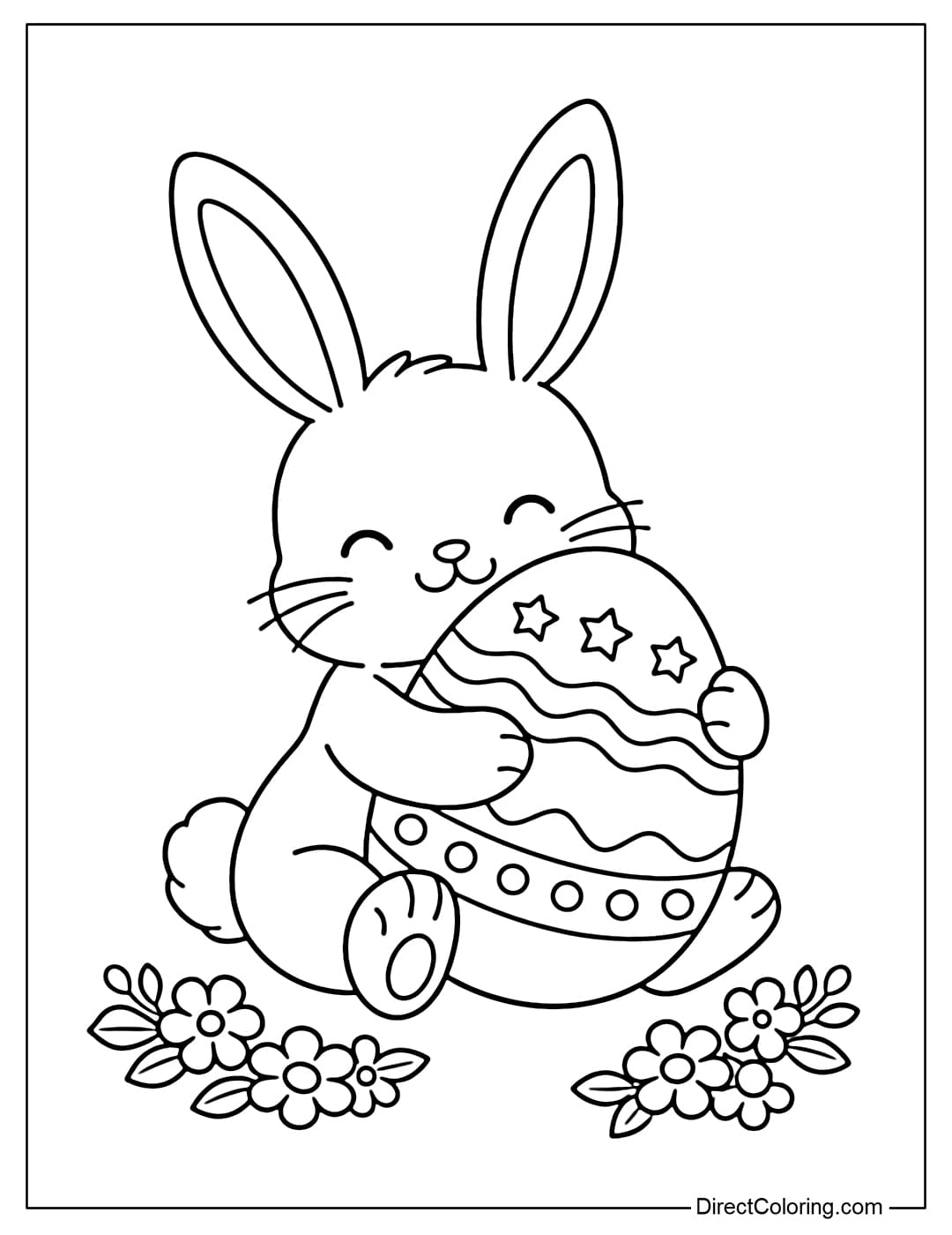 An Easter bunny coloring page holding a simply decorated egg with a few small flowers underneath.
