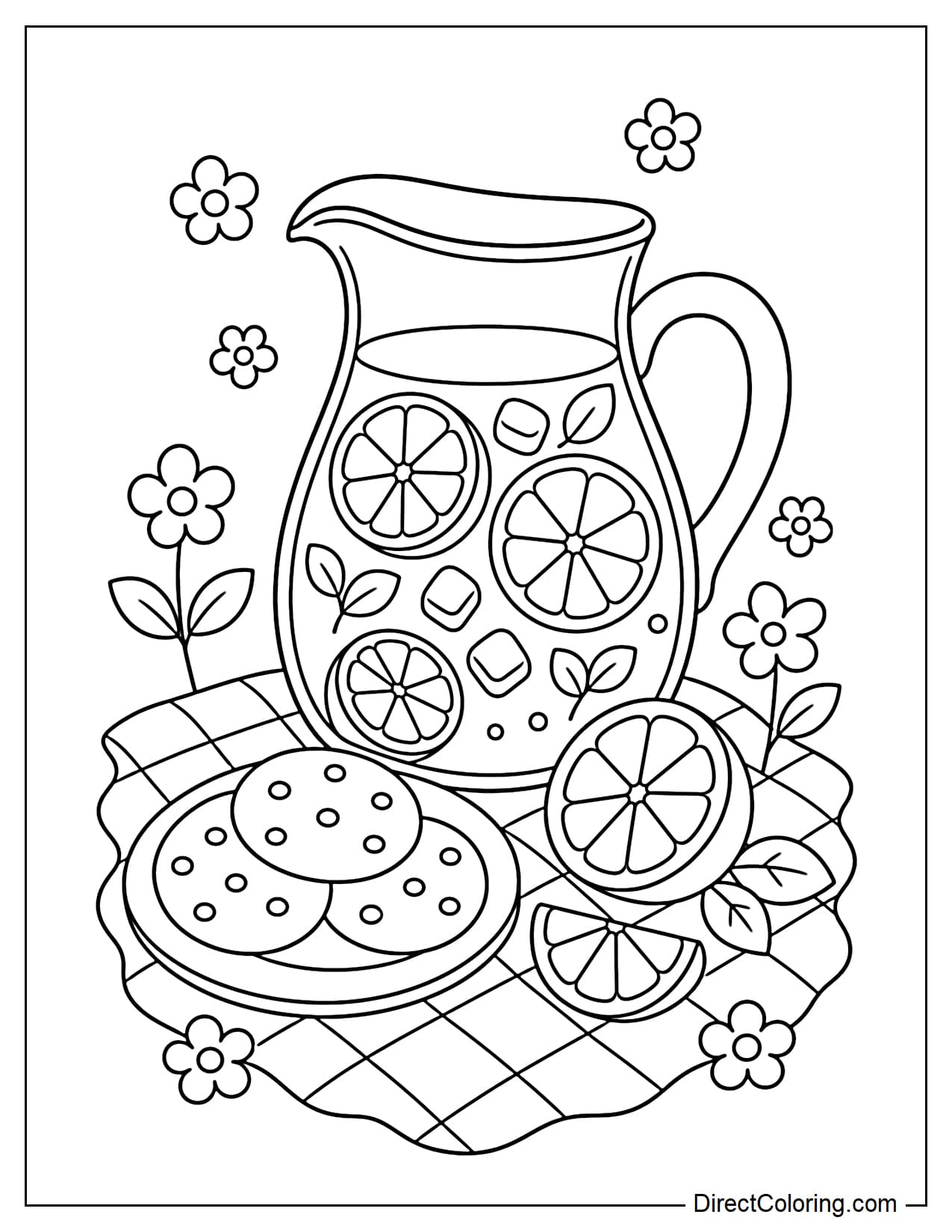 A large pitcher of lemonade and a few round cookies placed on a picnic blanket, with a lemon slice and a few small flowers around them.