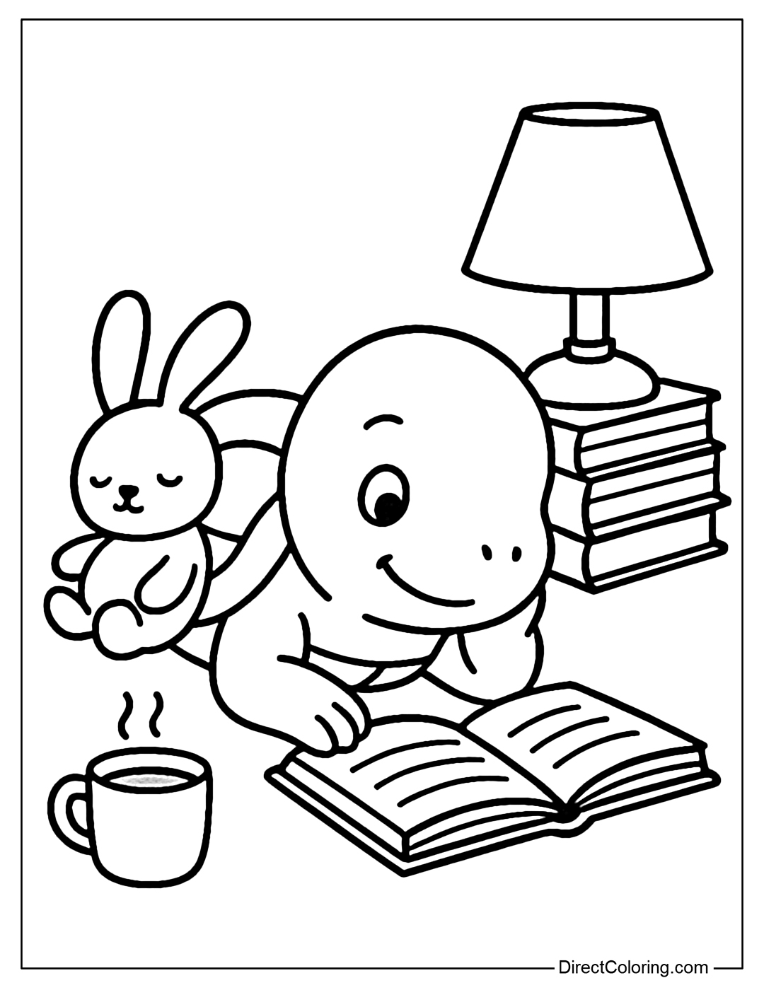 A coloring page of a turtle lying on its side reading a book, with a cup of cocoa, a small table lamp, stacked books, and a sleeping bunny on its head.