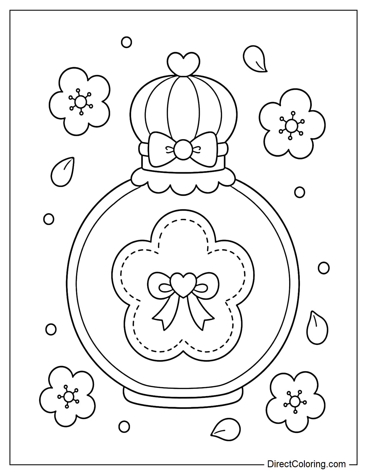 A cute round perfume bottle with a large flower label on the front and a softly decorated cap, surrounded by a few small flower petals.