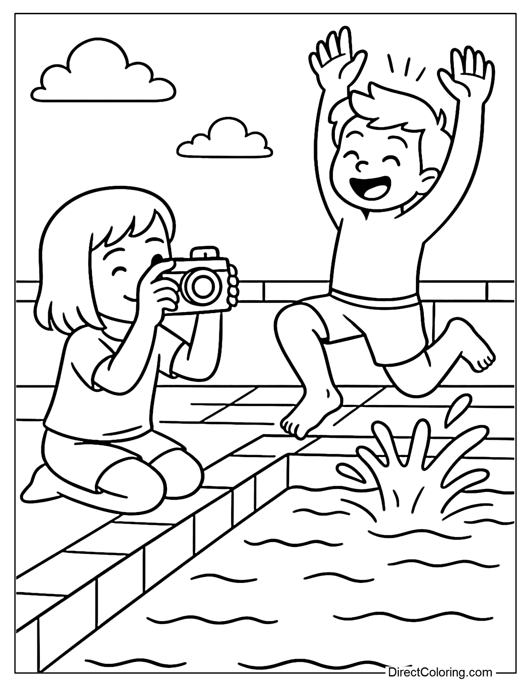 Coloring page where your child uses a camera to take a picture of you jumping into the pool, capturing the fun moment.