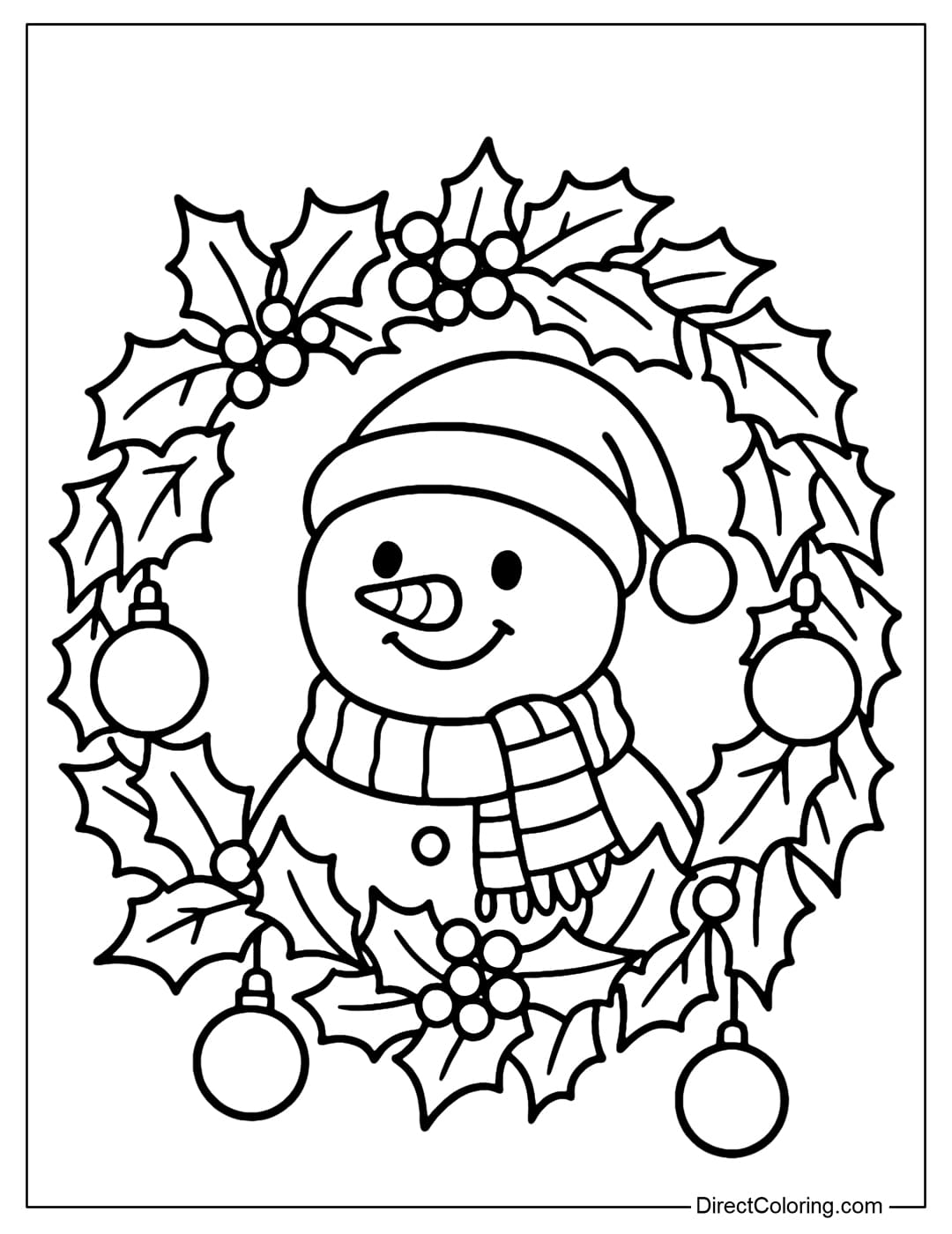 Snowman Wreath Coloring Page A wreath coloring page with a snowman wearing a Santa hat and a striped scarf.