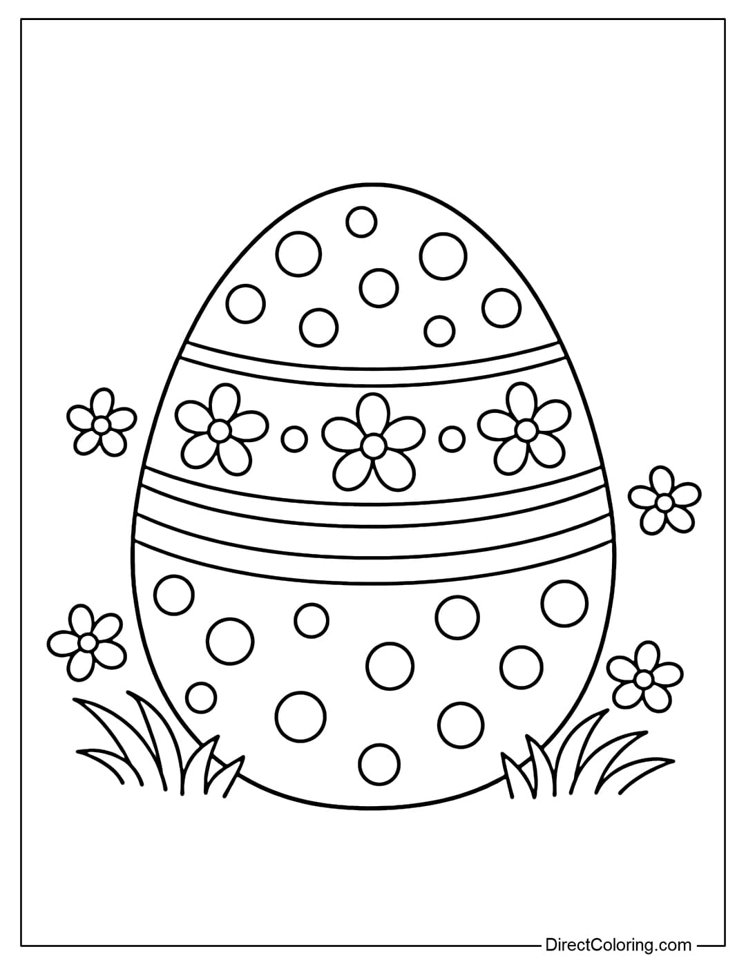 A coloring page of a large Easter egg with polka dots, horizontal stripes, and five-petaled flowers.