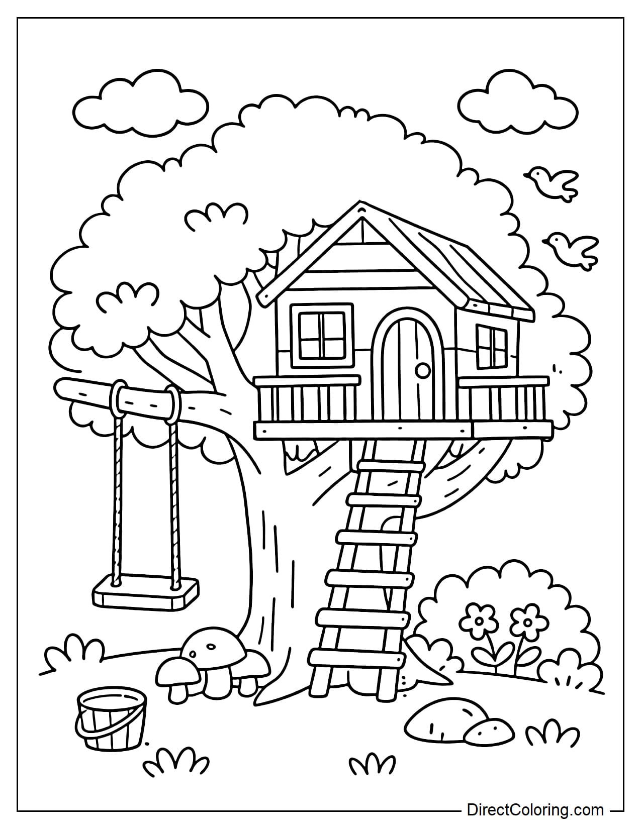 A treehouse with a swing hanging from a nearby branch.