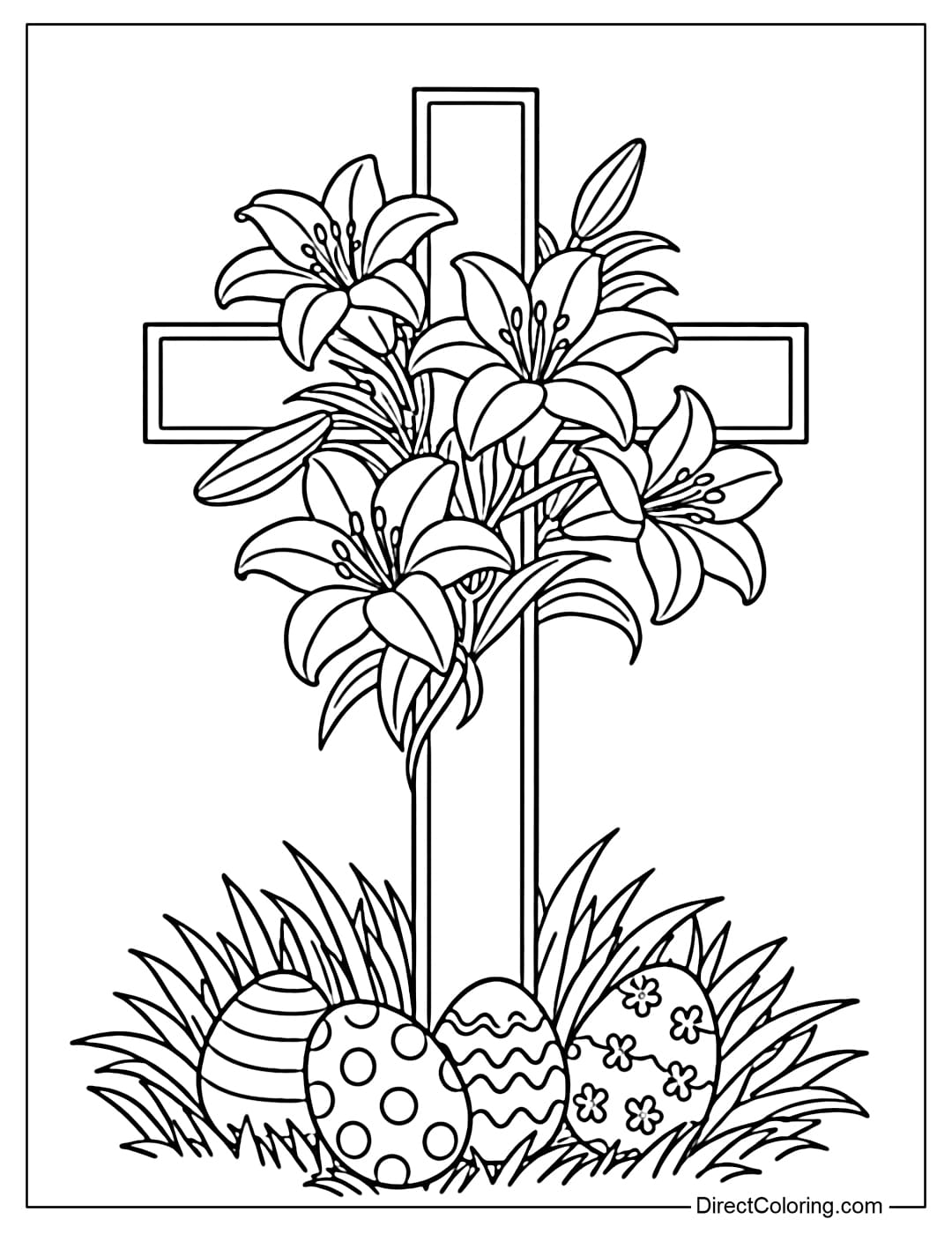A coloring page of a cross decorated with Easter lilies, with grass underneath and a few eggs placed near the base of the cross.
