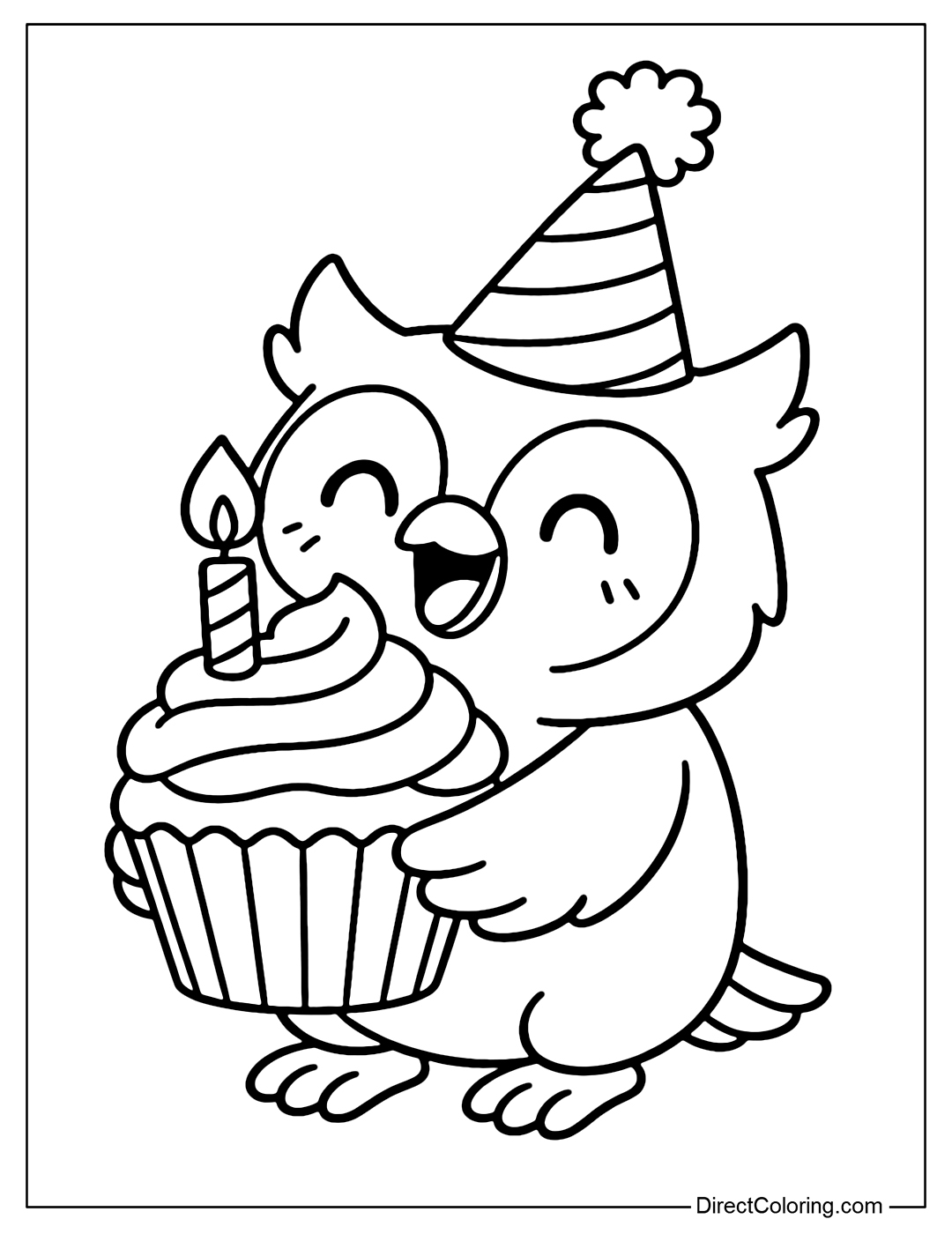 A coloring page of an owl wearing a birthday hat, holding a large cupcake with sparkling candles, with a cheerful expression.