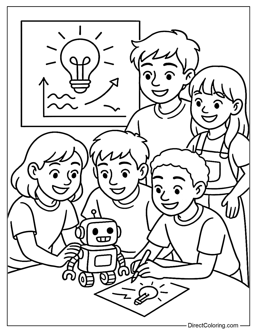 Coloring page of a group of young people making small robots, drawing creative idea diagrams with light bulbs.