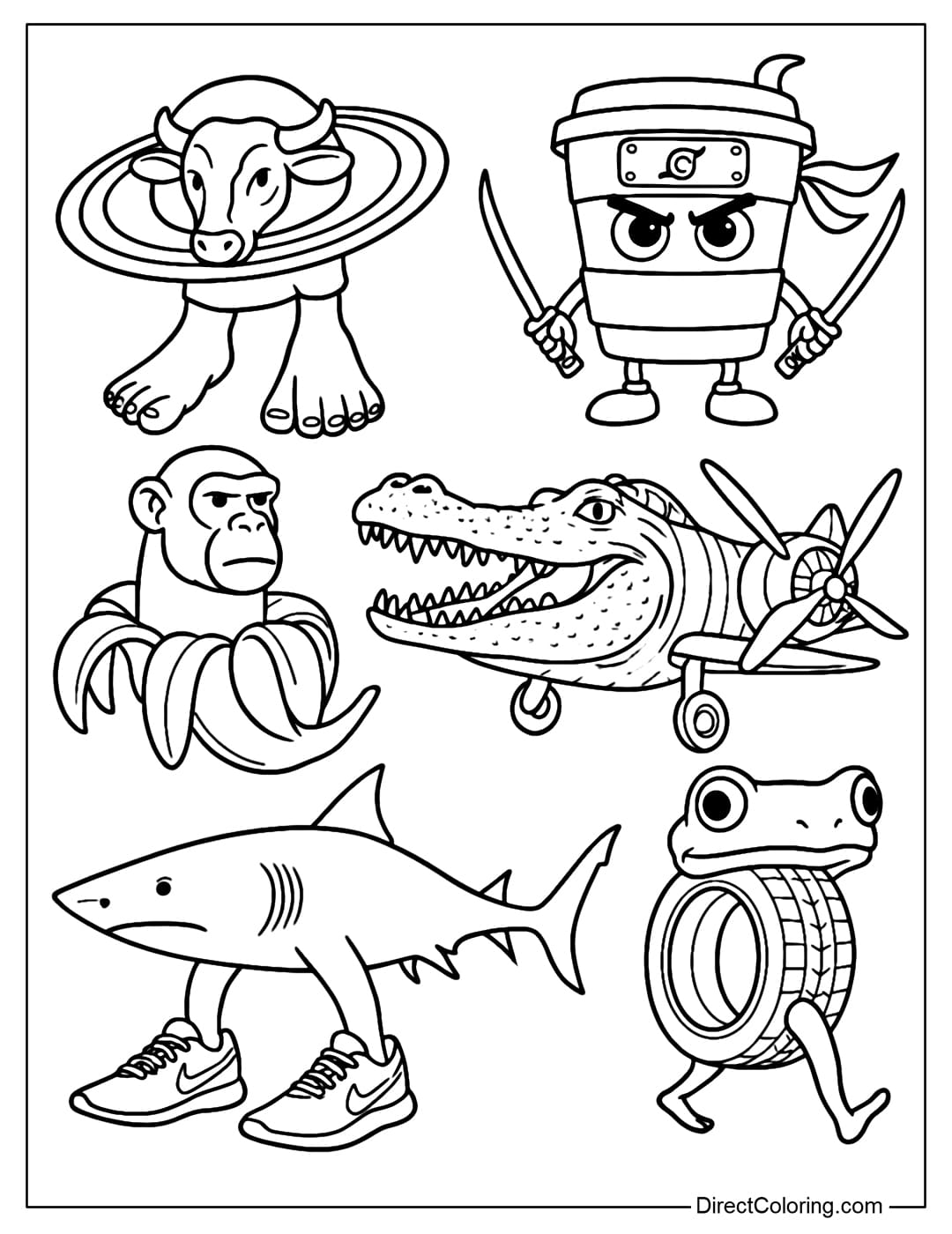 Coloring page of Italian Brainrot Characters including Tralalero Tralala, Bombardiro Crocodilo, Boneca Ambalabu, Chimpanzini Bananini, Cappuccino Assassino, La Vaca Saturno Saturnita.