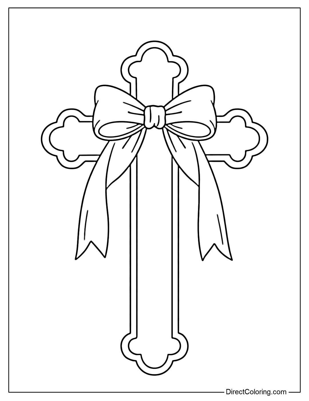 A coloring page of a cross with rounded ends, topped with a large decorative bow tied with two ribbons.