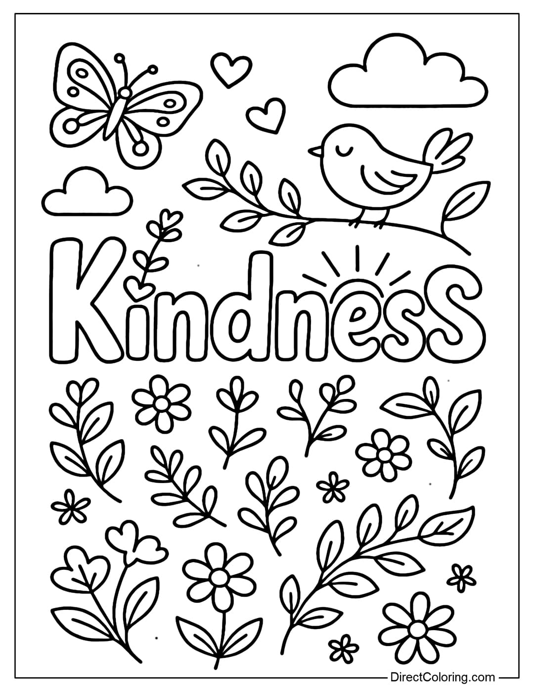 Kindness word coloring page, decorated with small details such as flowers, leaves, hearts and rays of light, surrounded by butterflies and small birds.
