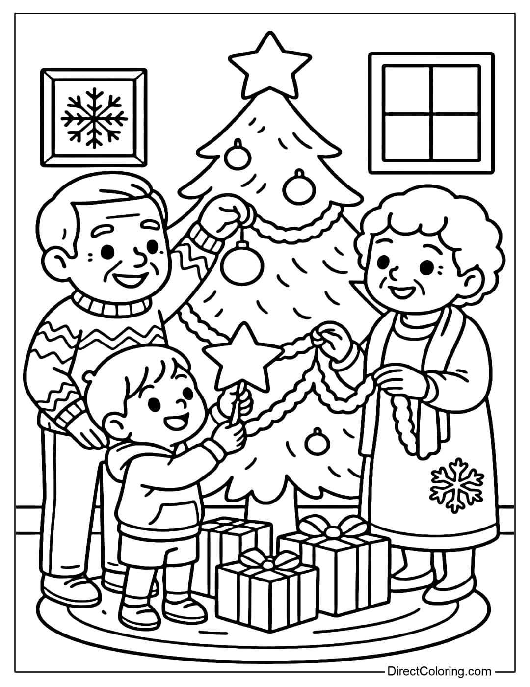 Coloring page of grandparents and grandchildren hanging Christmas tree decorations, the room is filled with a festive atmosphere.