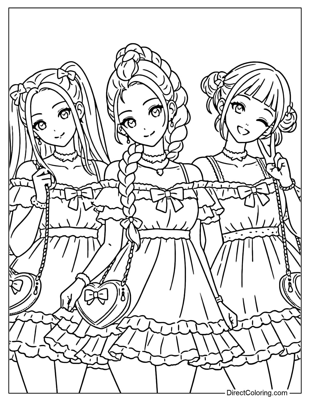 Kpop Demon Hunters coloring page features three cute girls, Rumi, Zoey, and Mira, in sweet, gentle, warm, and feminine flared dresses.