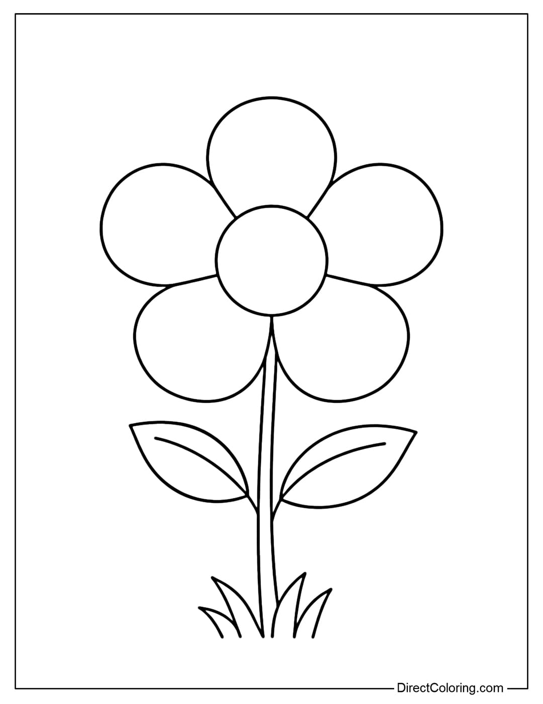 A coloring page of a simple flower with evenly rounded petals and a large, round center.