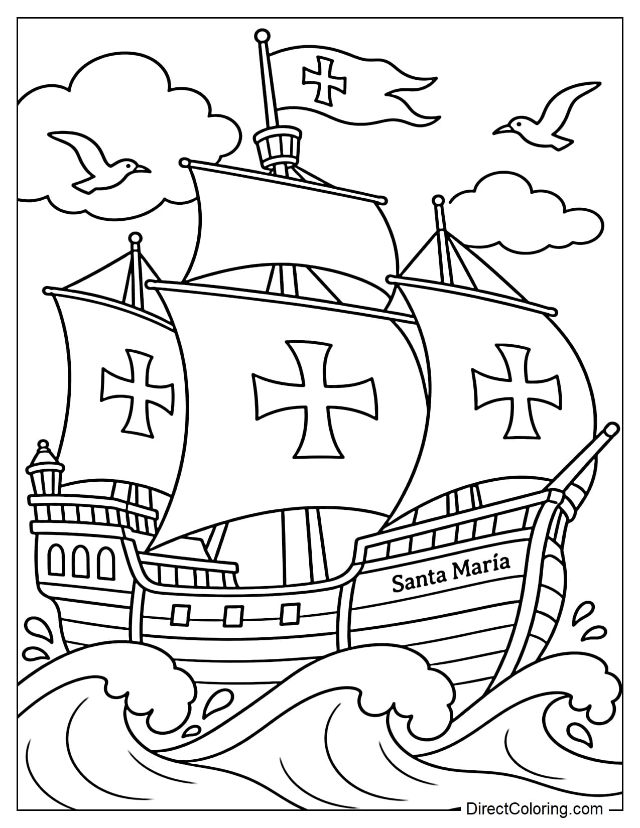 The Santa María is shown in a full side view with its large sails fully raised as it crosses a giant ocean wave, with seabirds and clouds overhead.