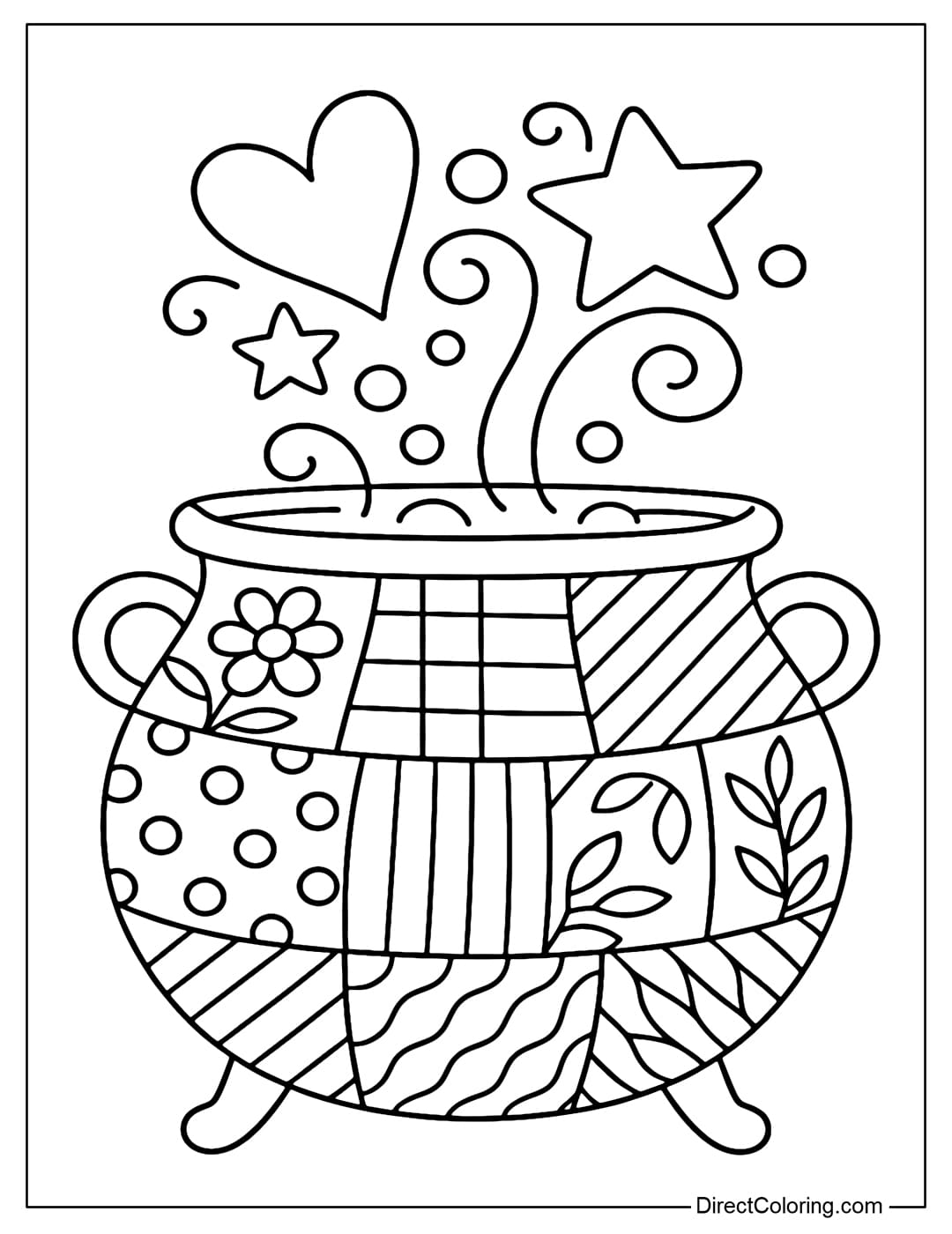 A coloring page of a witch's pot, the pot body is patchwork, inside is smoking with hearts and stars.
