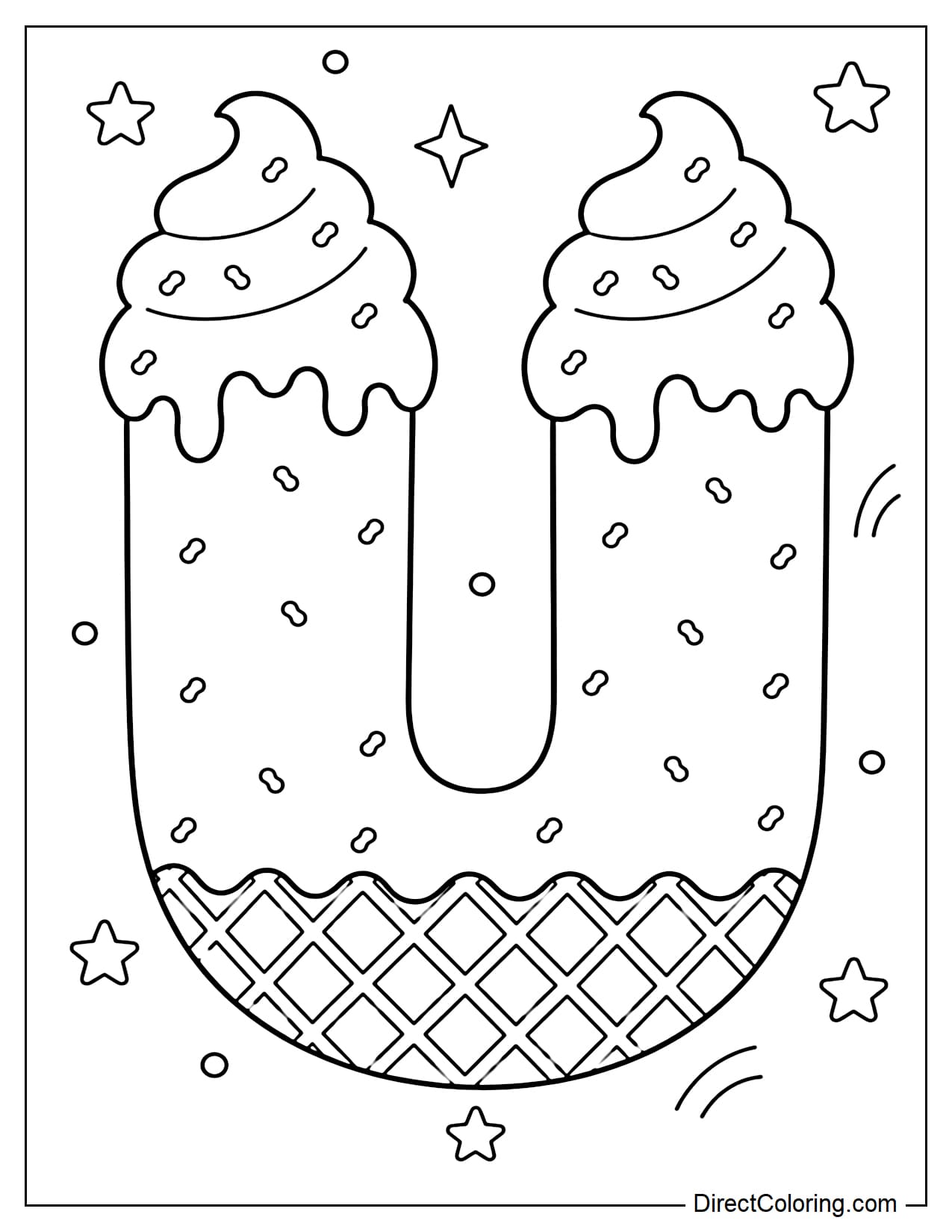 A large, bubble-shaped capital letter U made from soft serve ice cream, with a light, melting ice cream topping. The entire letter is covered in sprinkles, and the base has a waffle texture. Small stars and dots surround the letter.