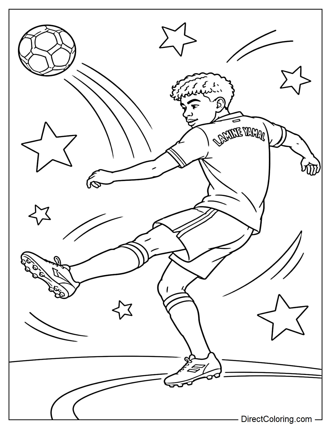 Lamine Yamal takes a left-footed shot with a decisive stance, his supporting leg firmly planted, the ball flying forward with the goalpost behind him.