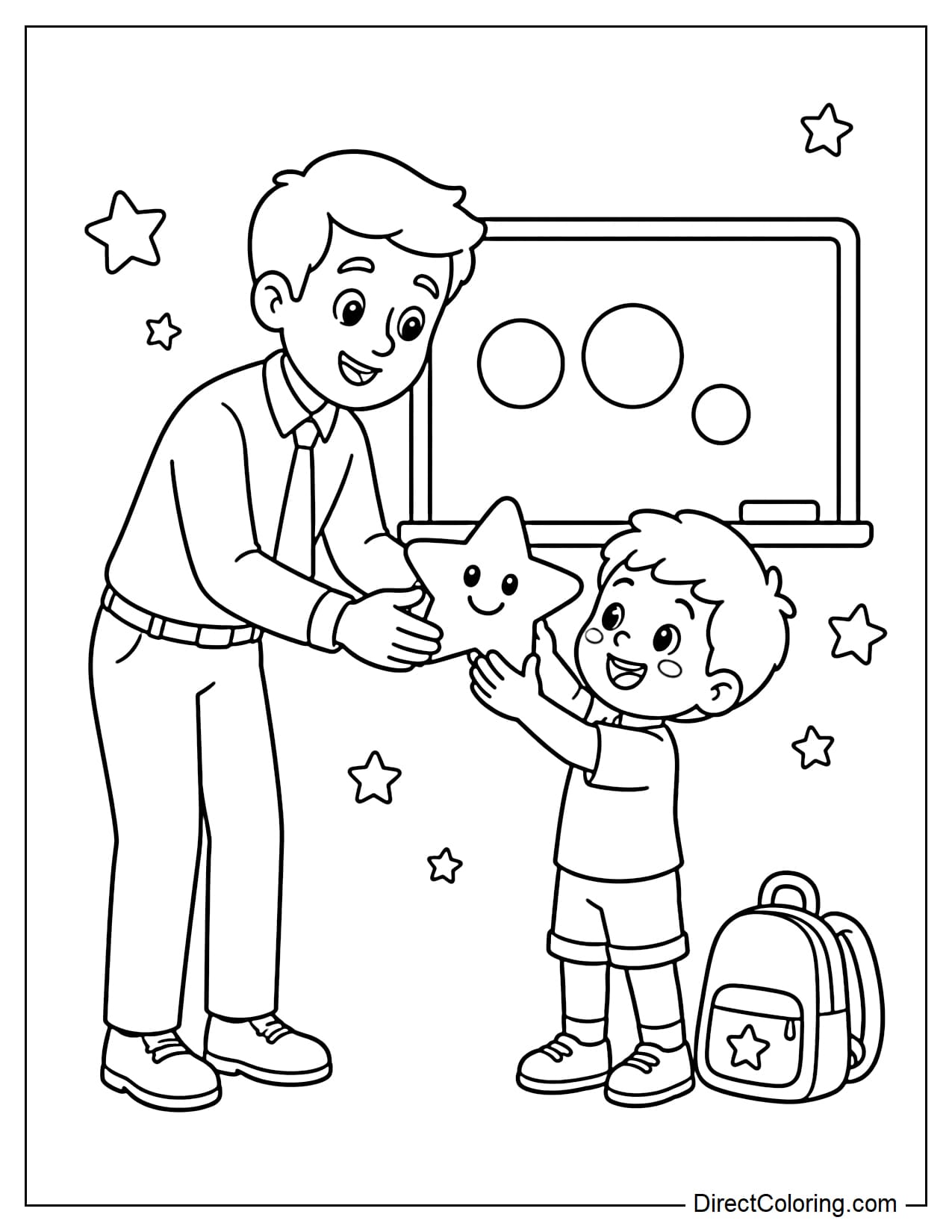 A male teacher is bending slightly as he gives a large gold star reward to a student. Behind them is a small board, and next to the student is a school bag.