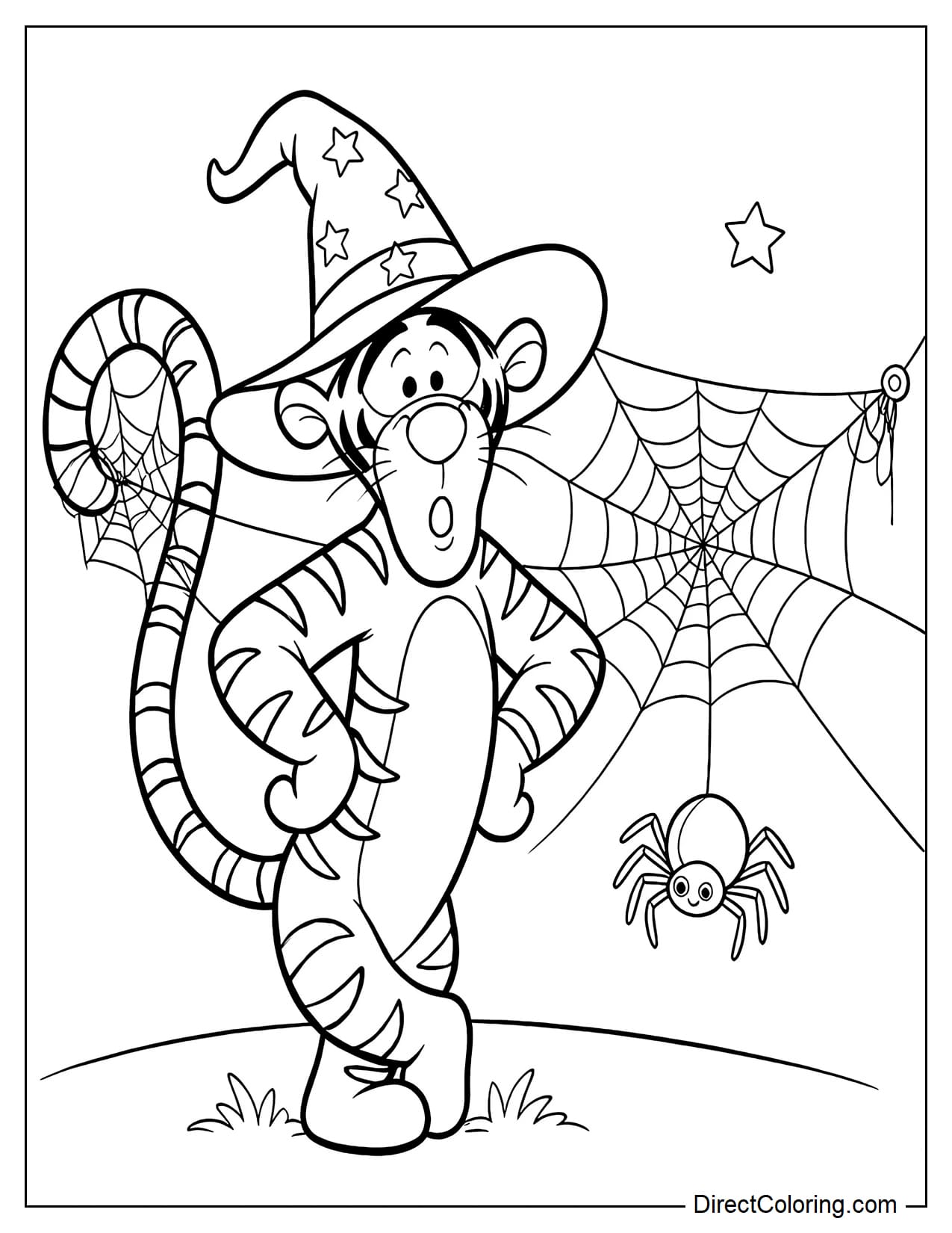Tigger wears a large witch hat decorated with stars and stands beside a large spider web with a small spider hanging down from it, while his tail is also caught in the web.