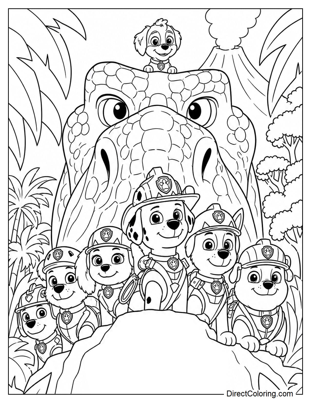 The Paw Patrol pups pose together in front of a giant dinosaur, surrounded by tropical jungle plants with a smoking volcano in the distance.