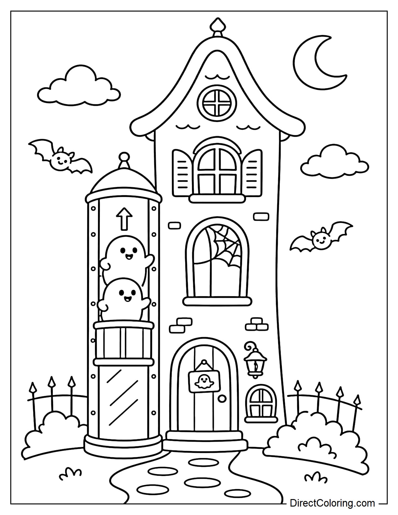 A tall, narrow haunted house has a small glass elevator attached to the outside. Inside the elevator, two round little ghosts ride up toward the upper floor.
