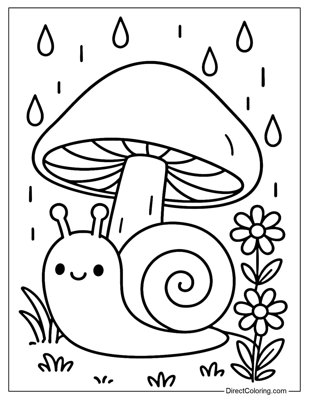 Coloring page of a snail taking shelter from the rain under a big mushroom, with raindrops falling, and some wildflowers beside it.