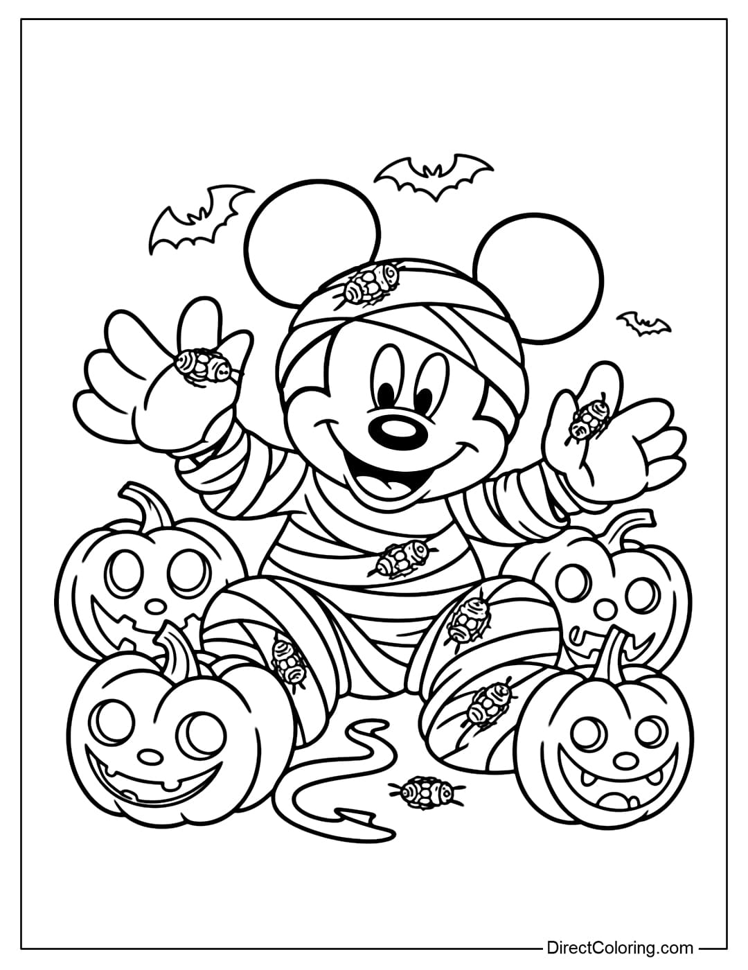 Mickey coloring page wrapped in mummy bandages, sitting among the glowing ghost pumpkins.