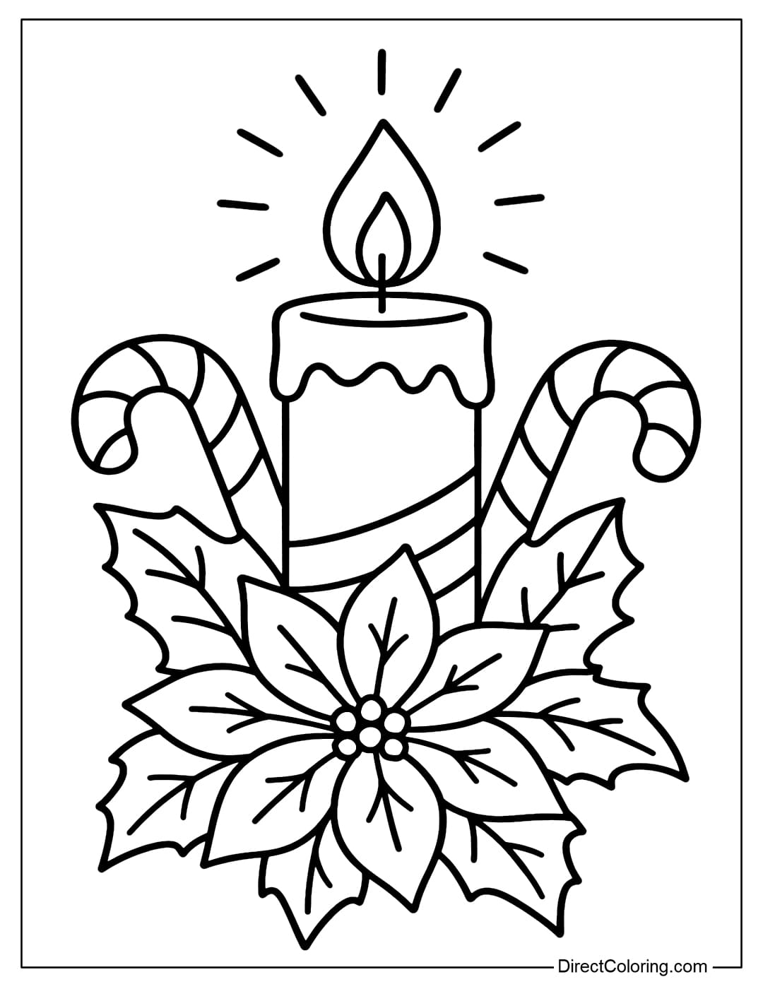 Coloring page of a bright pink candle, surrounded by candy canes, green leaves and large white flowers.