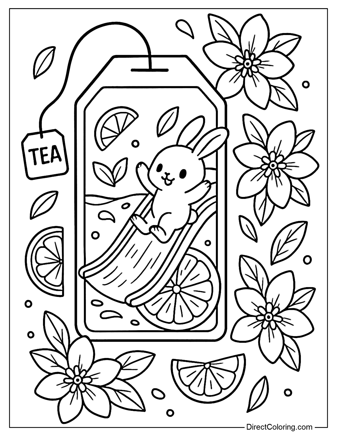 The tea bag coloring page features a baby bunny playing on a slide among lemon slices and orange blossoms.