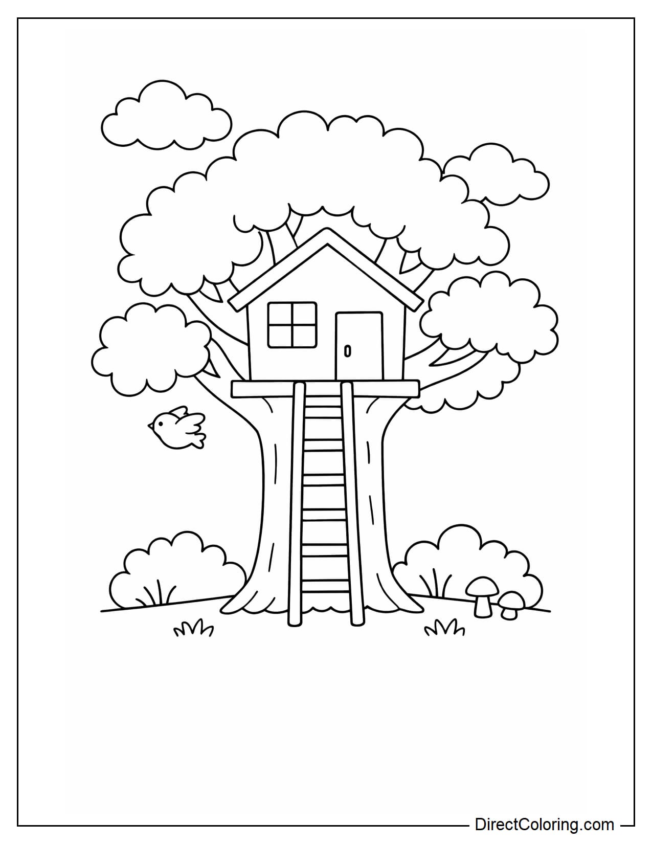 A simple treehouse with a large central trunk, a small square house, and a triangular roof, with a straight ladder underneath.