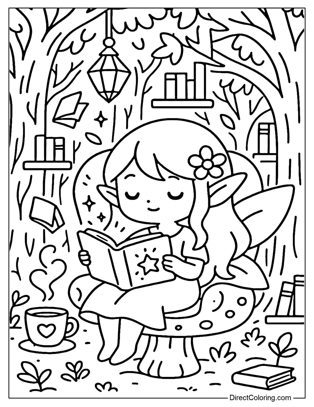 A fairy sitting in a mushroom chair reading a book, next to a cup of steaming tea, a warm scene.