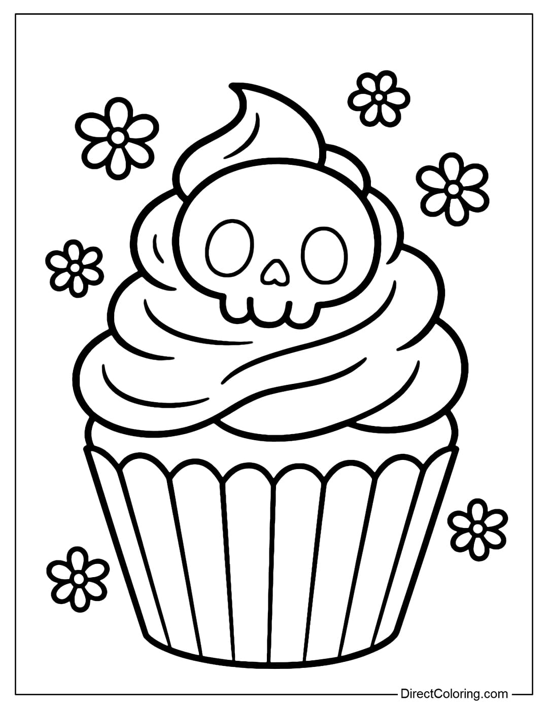 Cupcake coloring page with a cute skull on top, surrounded by a few small flowers.