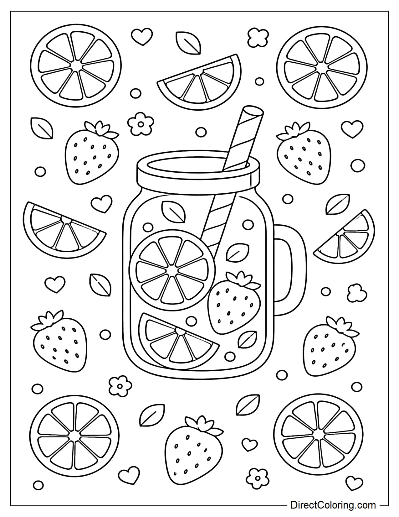 A glass of water with large, repeating fruit slices in a pattern such as orange, lemon, and strawberry.