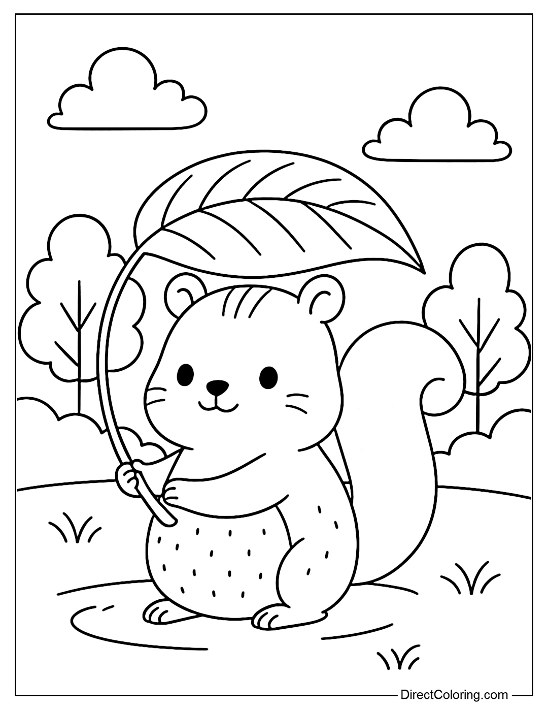 A squirrel coloring page as small as a guava, holding a large leaf to block the sun in the summer forest.